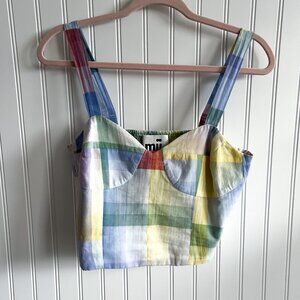 Mii Collection En Fete Pastel Plaid Cotton Cropped Tank Top Size Medium
